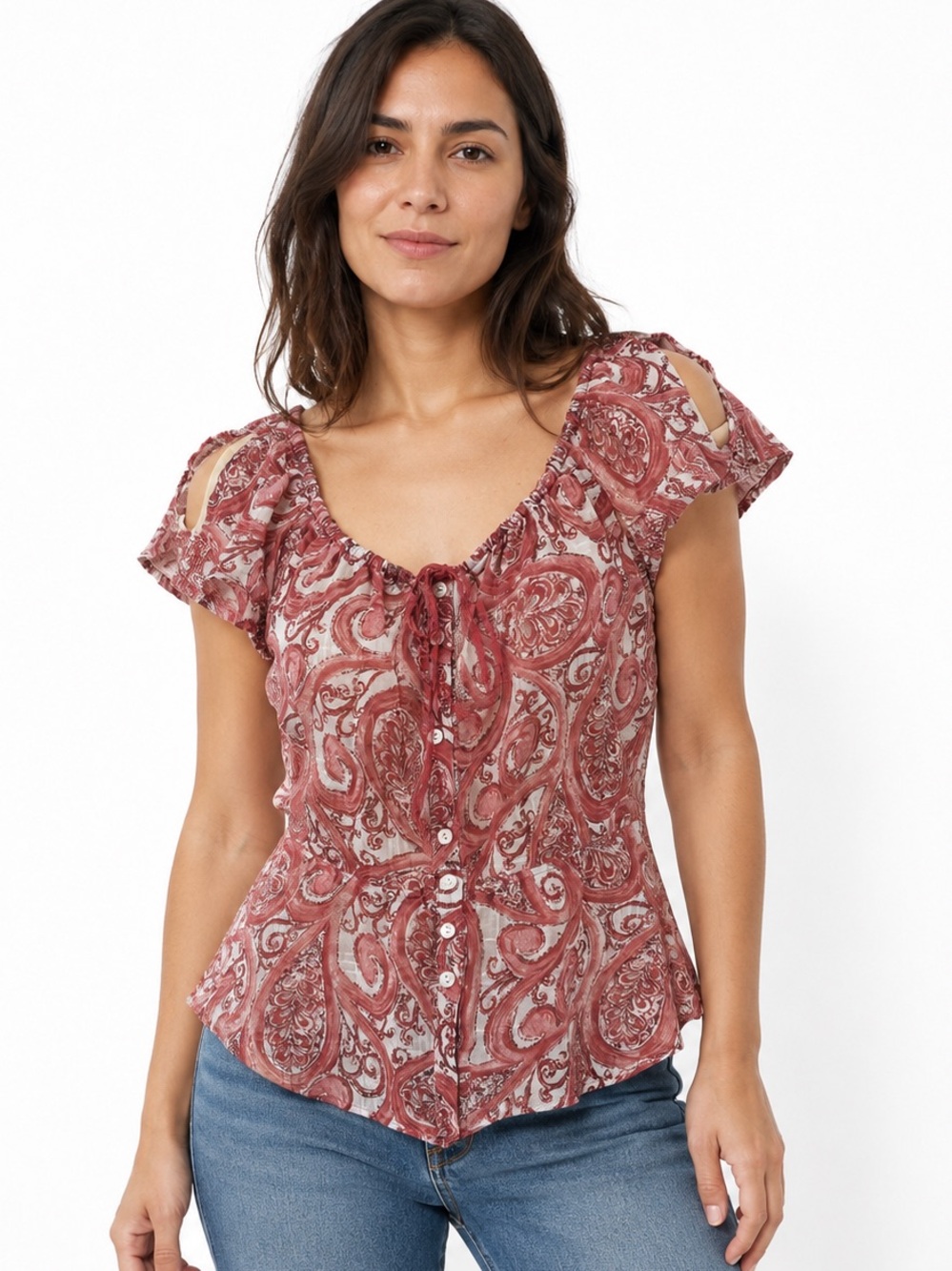 Lucky Brand Pink red Paisley Tie-Neck Flutter Sleeve button Blouse Women’s XS